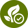 Groen rond logo met witte bladeren en vinkje