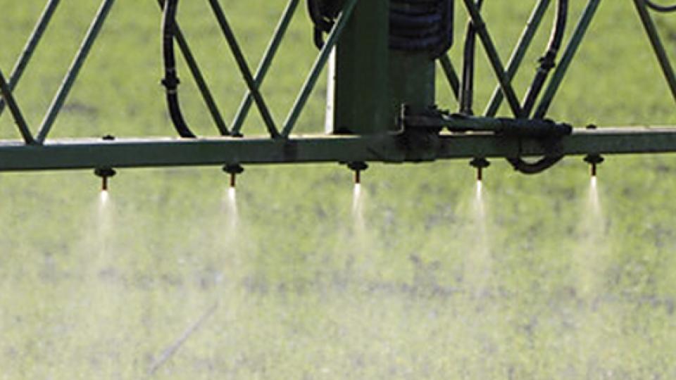 Sproei-installatie die waternevel over een groen veld verspreidt