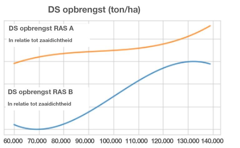 DS Opbrengst bij verschillende zaaidichtheden