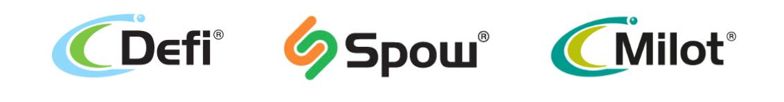 Logo’s van Defi, Spouw en Milot op witte achtergrond