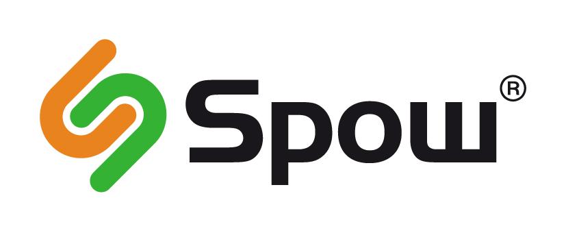 Spow-logo met groen-oranje icoon en zwarte tekst op witte achtergrond
